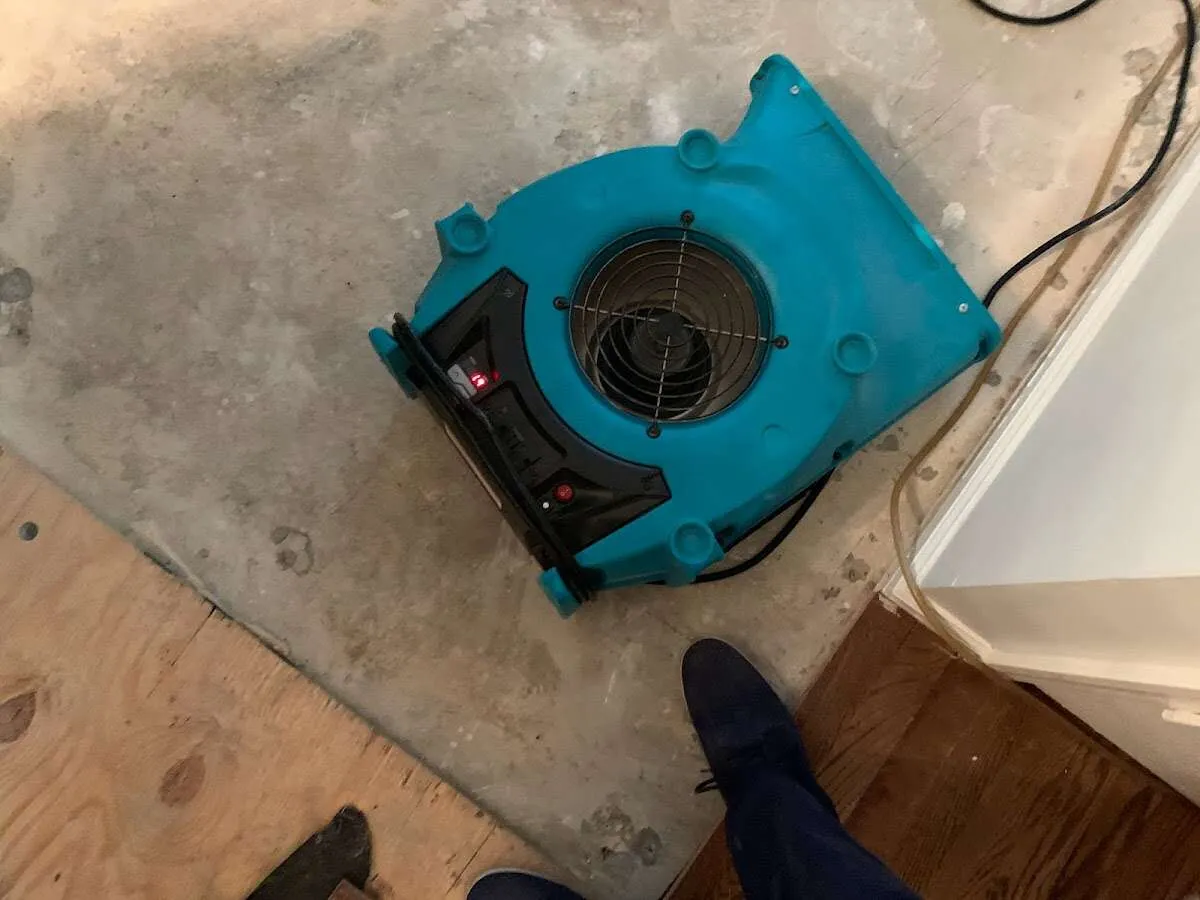 Air mover drying subfloor during Commercial Water Damage Restoration in Troutdale